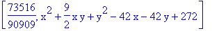 [73516/90909, x^2+9/2*x*y+y^2-42*x-42*y+272]